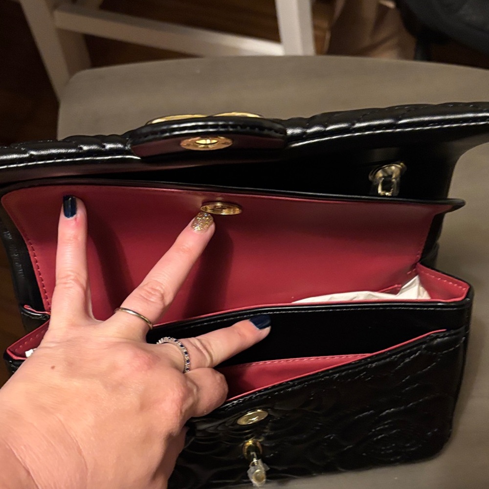Leather Black Floral Quilted Shoulder Bag - Picture 9 of 10